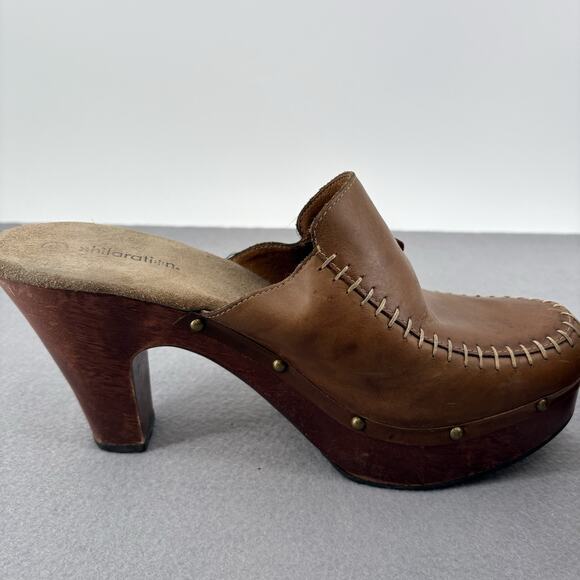 Vintage Y2K 90s Chunky Xhilaration Platform Brown Leather Mule Clogs Heel Sz 10 - Picture 12 of 16